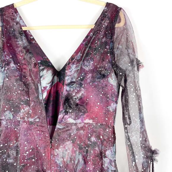 Marchesa Gown 3D Floral Purple Black Printed Organza Foiled Long Sleeve Sz 6 - Picture 11 of 13